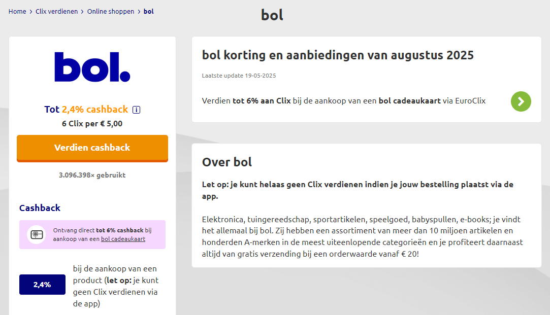 Cashback bol.com overzicht in EuroClix dashboard, met 2,4% cashback en 6% geld terug via cadeaubon