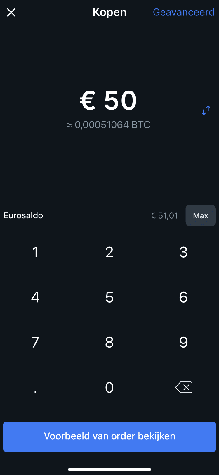 Bitvavo bitcoin aankoop – waarde €50 voorbeeld