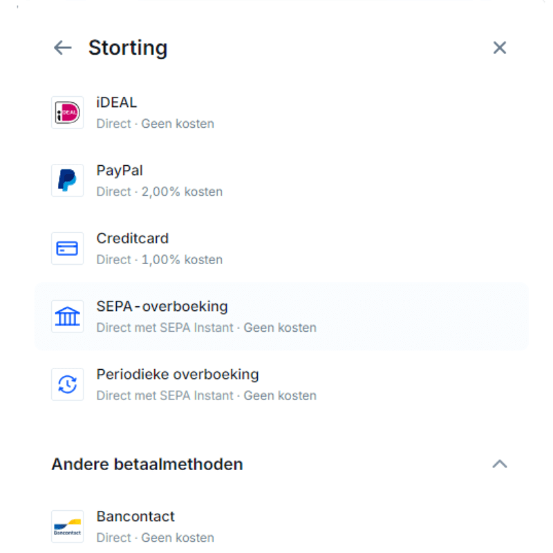 Bitvavo storting euro’s – geld toevoegen aan account