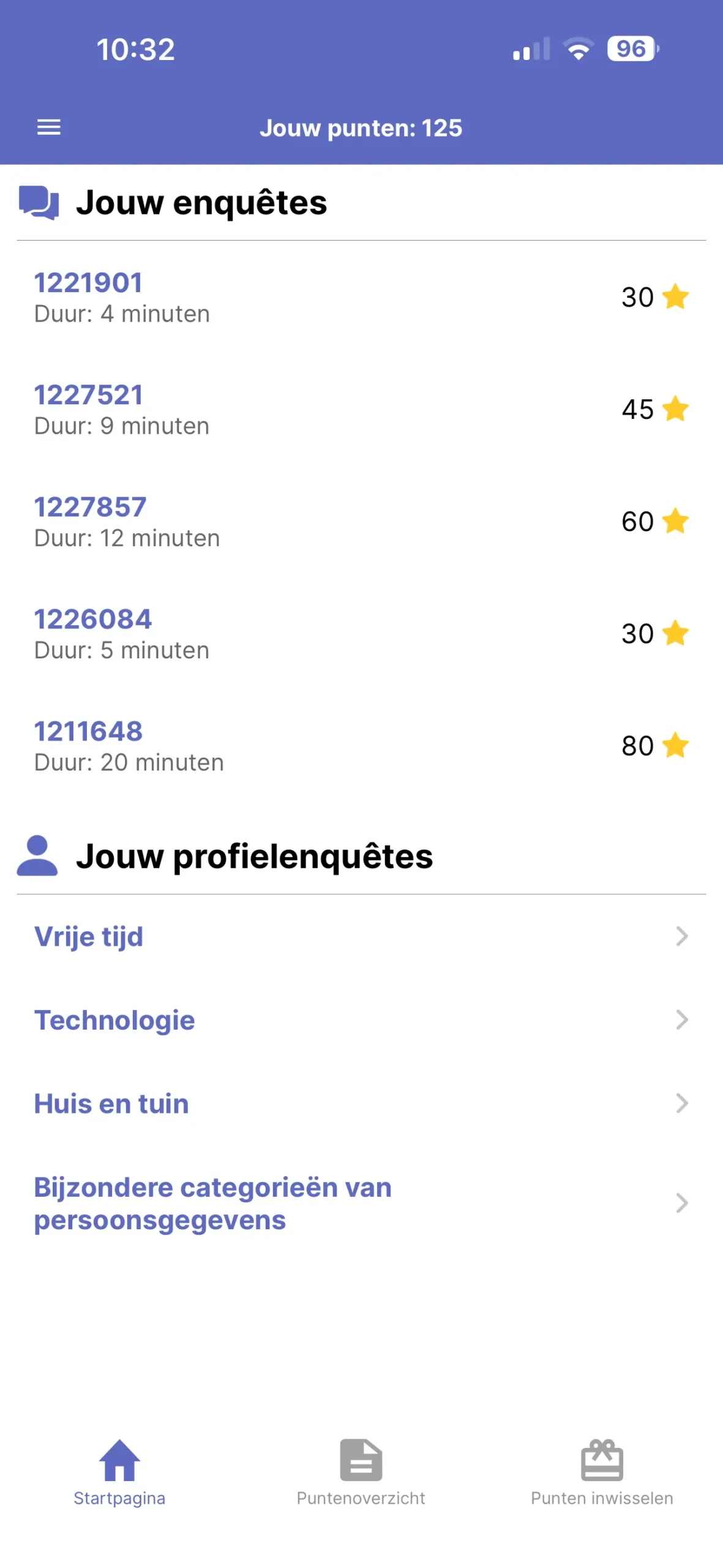 Ipsos i-Say mobiele app met overzicht van beschikbare vragenlijsten