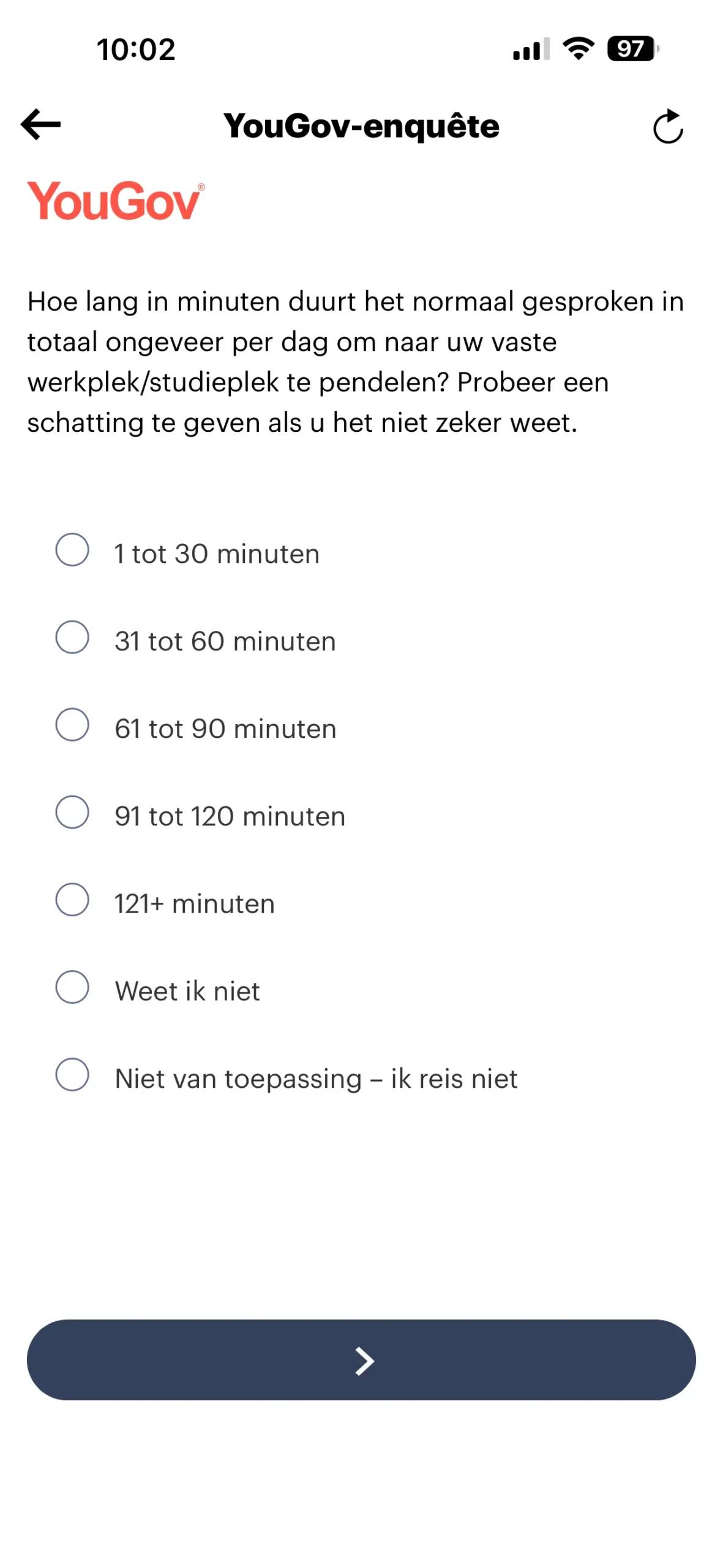YouGov app met een enquete in uitvoering tijdens de test