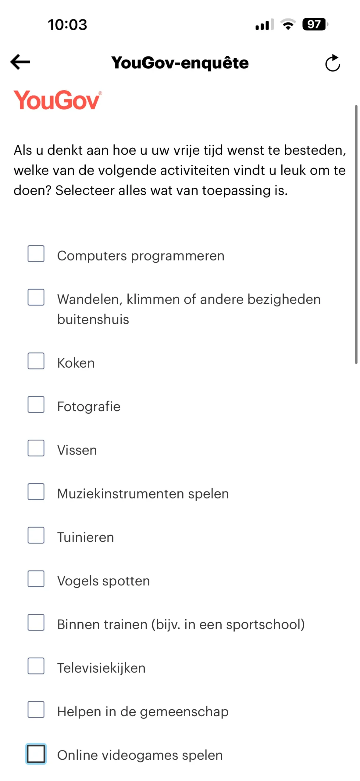 YouGov app beloningenoverzicht met verdiende punten uit de test