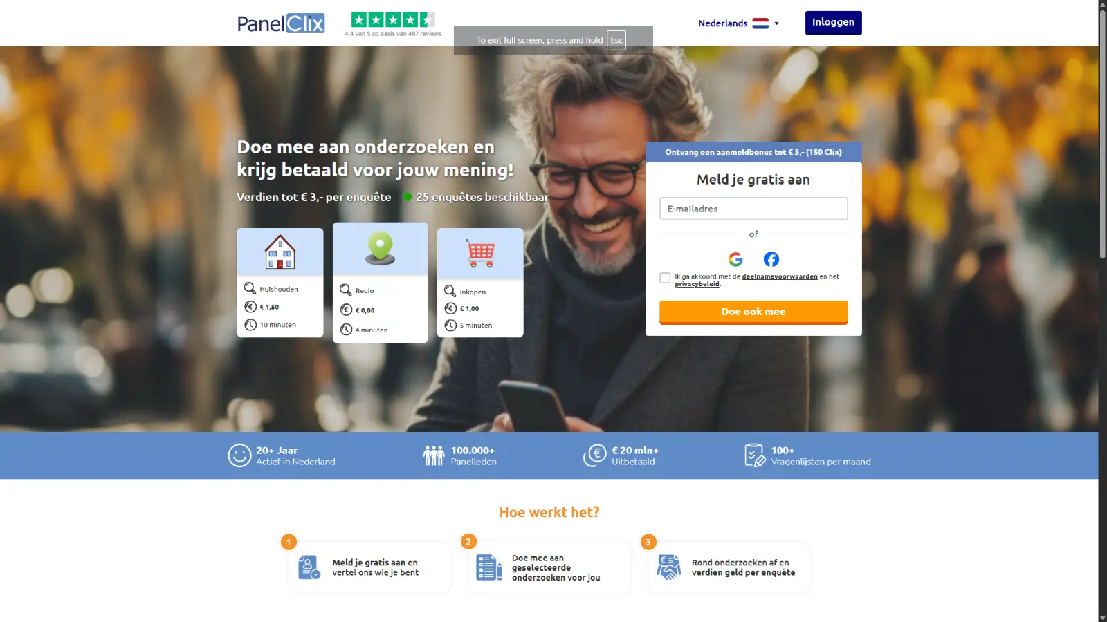 Panelclix homepage met man die smartphone gebruikt en startbuttons