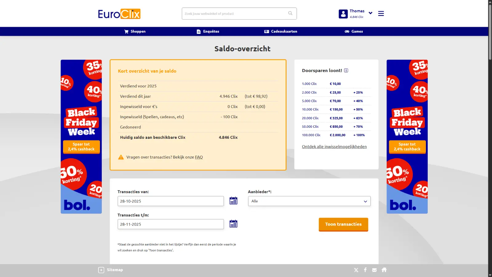 PanelClix saldo overzicht uitbetalingsscherm met overzicht van aangevraagde en voltooide beloningen