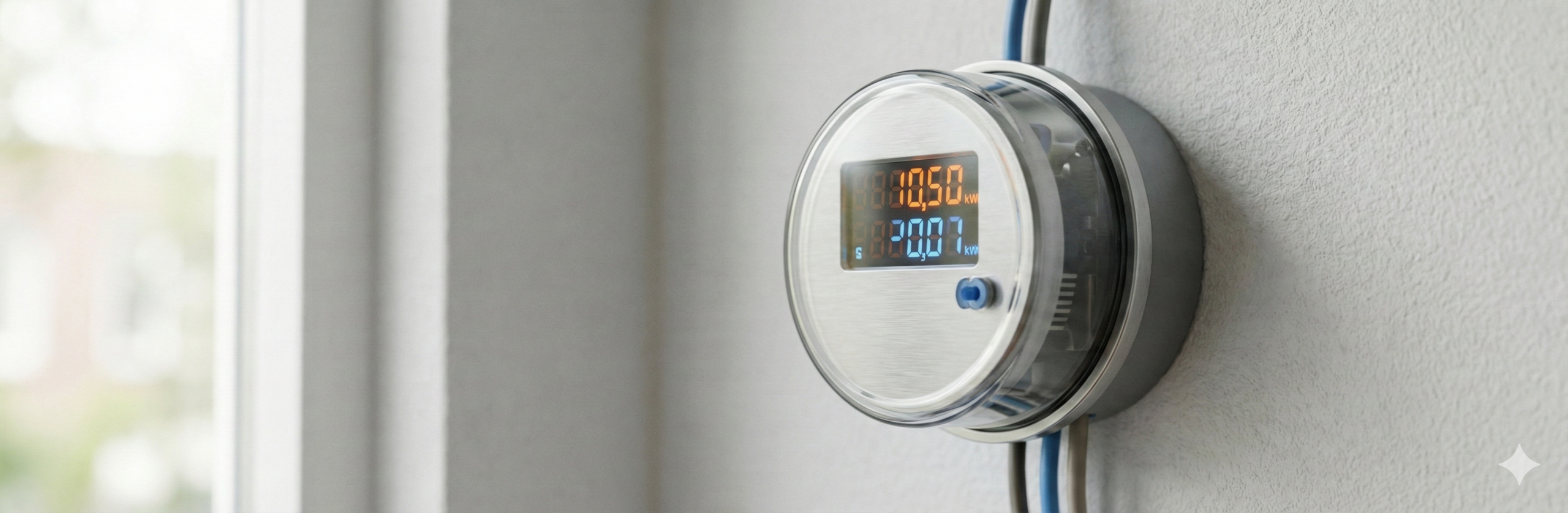 smart energy meter mounted on a white wall, digital display showing fluctuating numbers in orange and blue