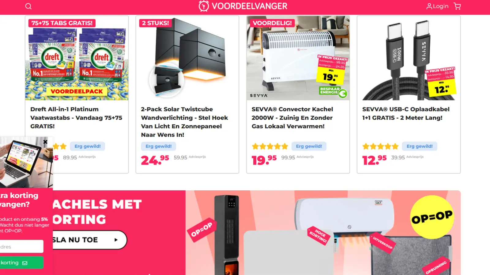 Overzicht van dagdeals op Voordeelvanger met actieprijs en resterende voorraad