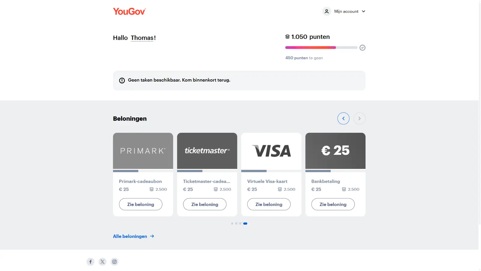 YouGov beloningenpagina met keuze tussen cadeaukaarten en bankoverschrijving