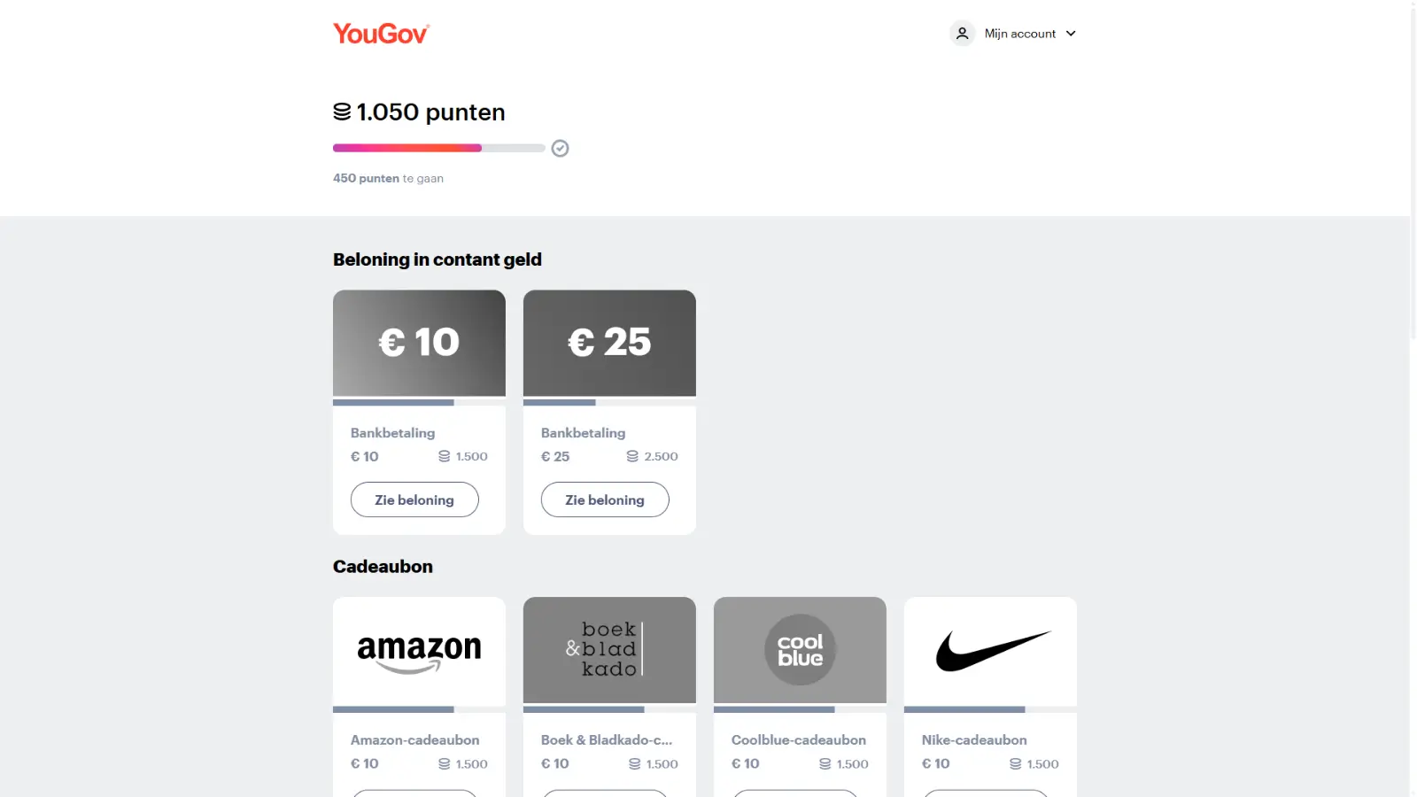 YouGov beloningenwinkel met selectie van digitale cadeaukaarten