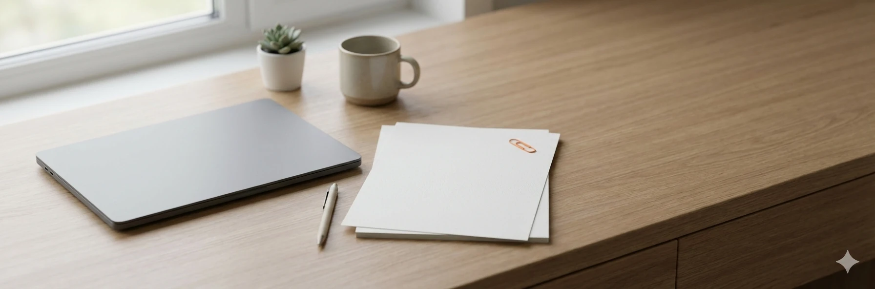 Zijaanzicht van een houten bureau met een gesloten laptop, een stapel papier met een oranje paperclip en een pen bij natuurlijk raamlicht.