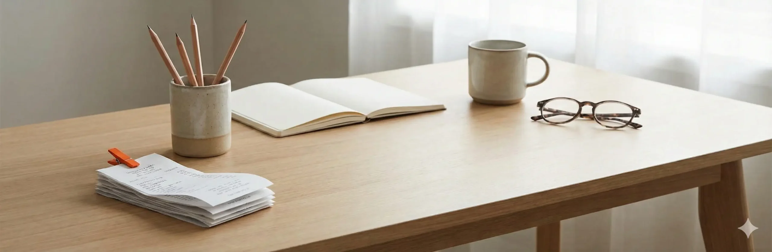 Een stapel kassabonnen bijeengehouden door een oranje klem op een bureau, naast een beker met potloden en een bril.