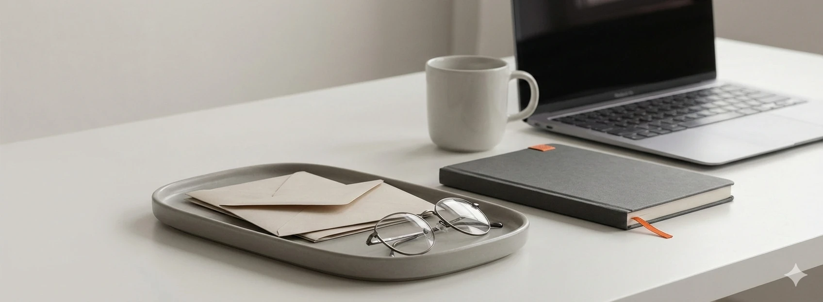Strak wit bureau met een laptop, een schaaltje met enveloppen en een leesbril, en een grijs notitieboek met een oranje accent.