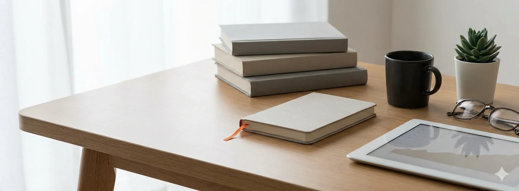 Houten bureau met een tablet die een beleggingsgrafiek toont, een stapel financiële studieboeken, een notitieboek en een koffiemok.