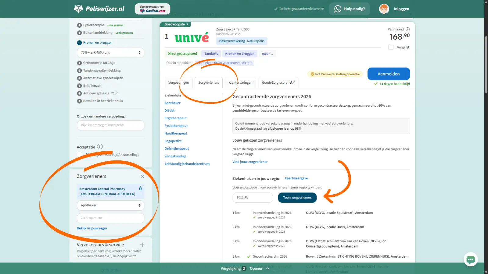 Scherm in de zorgvergelijker van PolisWijzer met een overzicht van gecontracteerde ziekenhuizen en apotheken per verzekering.