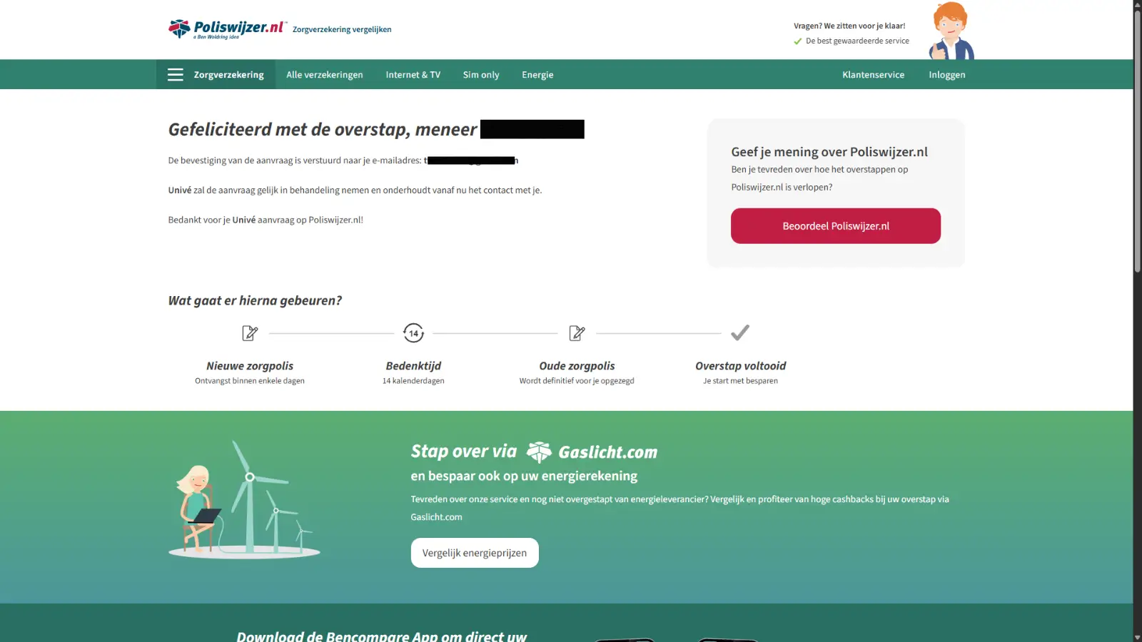 Bevestigingspagina van PolisWijzer na het afronden van de zorgoverstap, met uitleg over de bedenktijd en de opzegging van de oude polis.