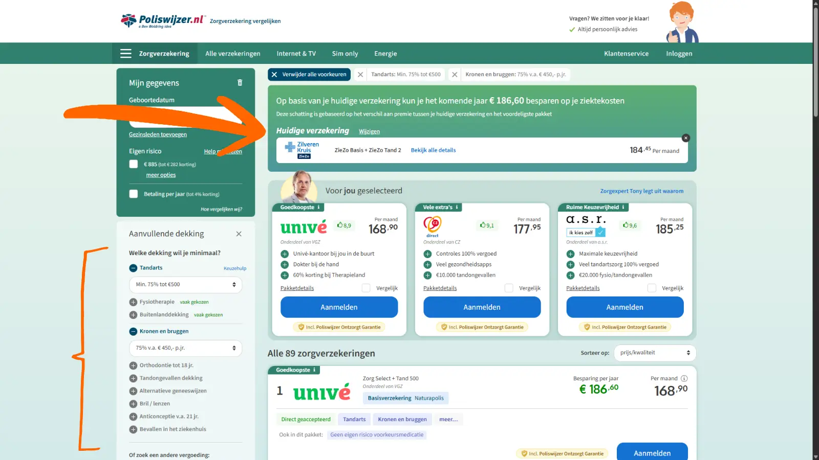 Overzicht in de zorgvergelijker van PolisWijzer waarin op basis van het premieverschil een verwachte besparing van €186,60 per jaar wordt getoond.