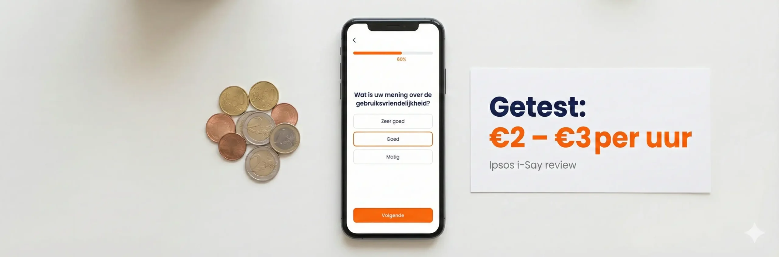 Smartphone die een online enquête toont op een lichtgrijze achtergrond, met een tekstkaartje dat de verdiensten van Ipsos i-Say per uur aangeeft.