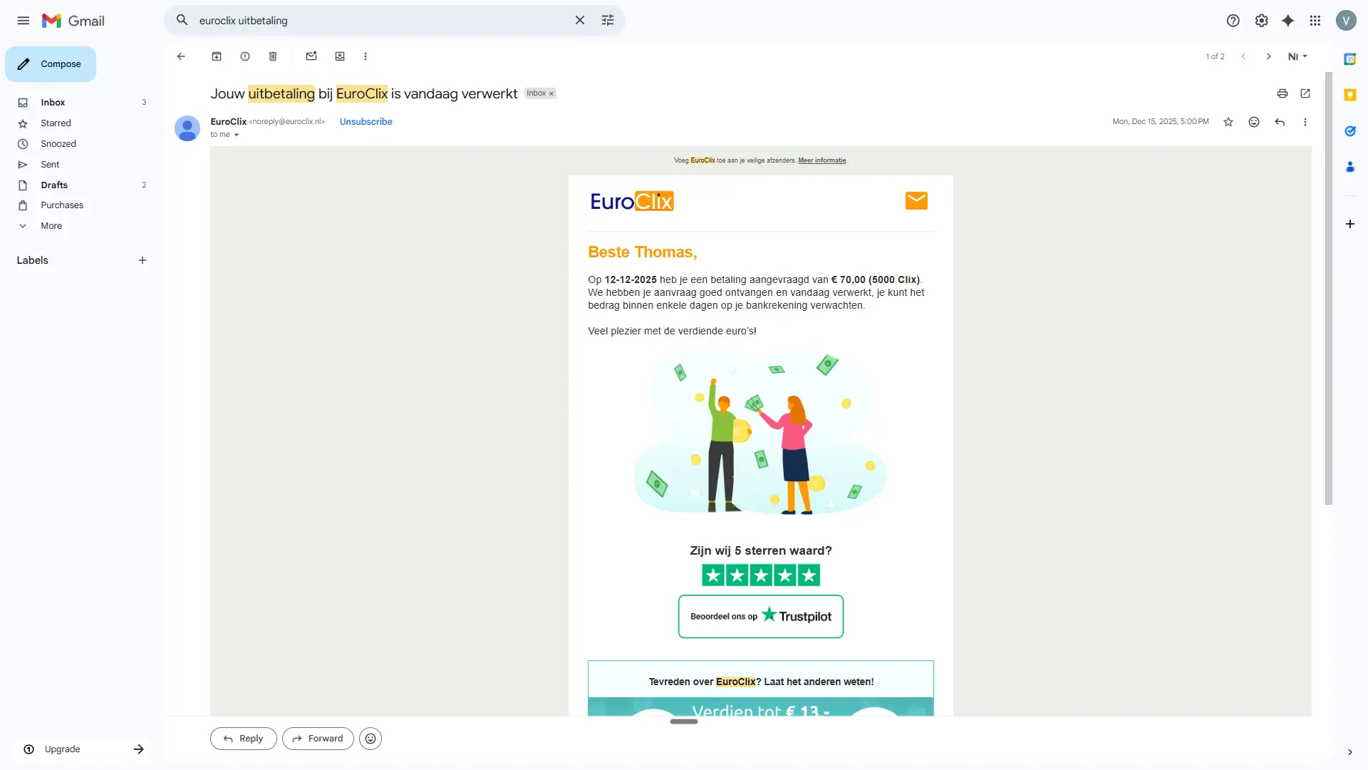 Uitbetalingsbevestiging van EuroClix voor 5.000 Clix op 15 december 2025