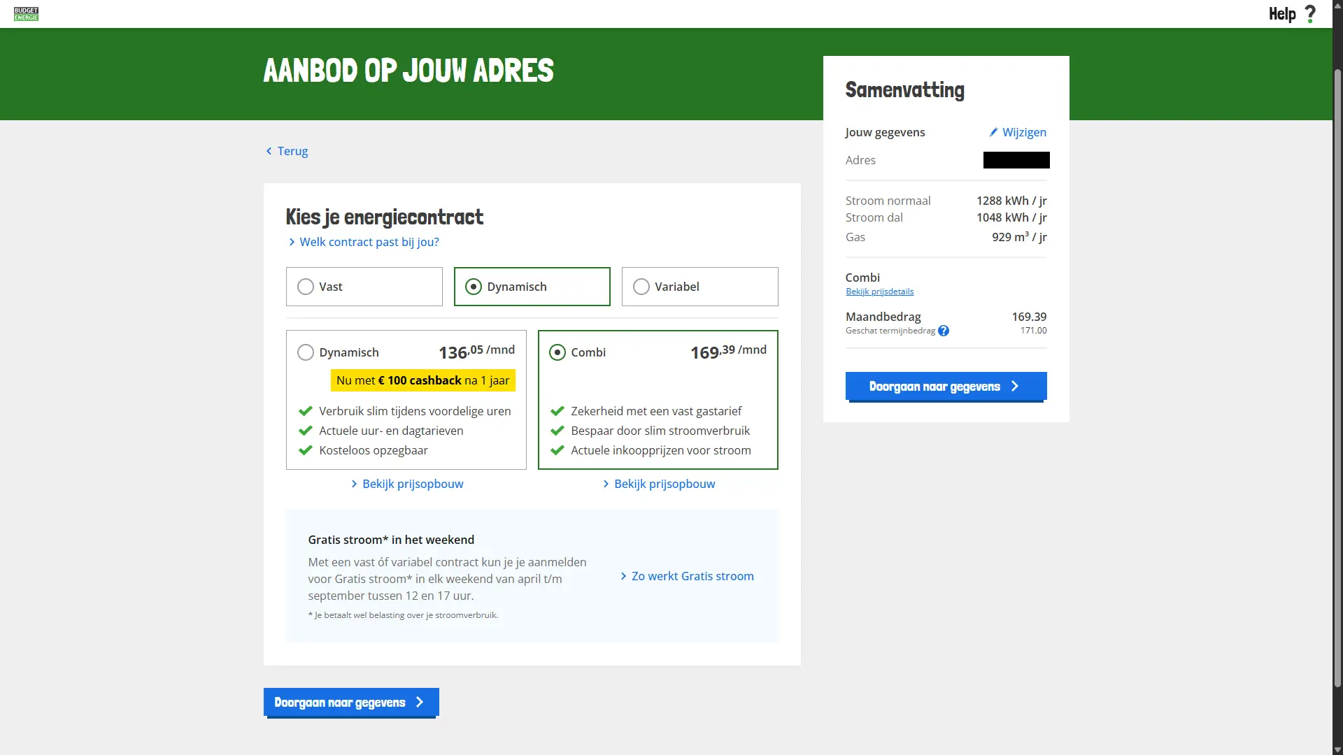 Aanbodpagina Budget Energie met dynamisch contract op 136,05 euro per maand en combi dynamisch en vast op 169,39 euro per maand, inclusief 100 euro cashback na 1 jaar
