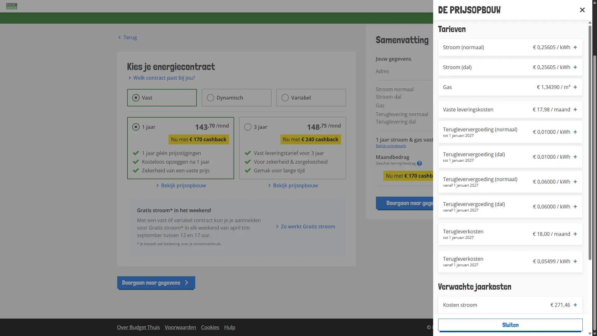 Prijsopbouw vastcontract Budget Energie met zonnepanelen: terugleverkosten 18,00 euro per maand tot 1 januari 2027, cashback verlaagd naar 170 euro, totale verwachte jaarkosten 1.724,44 euro