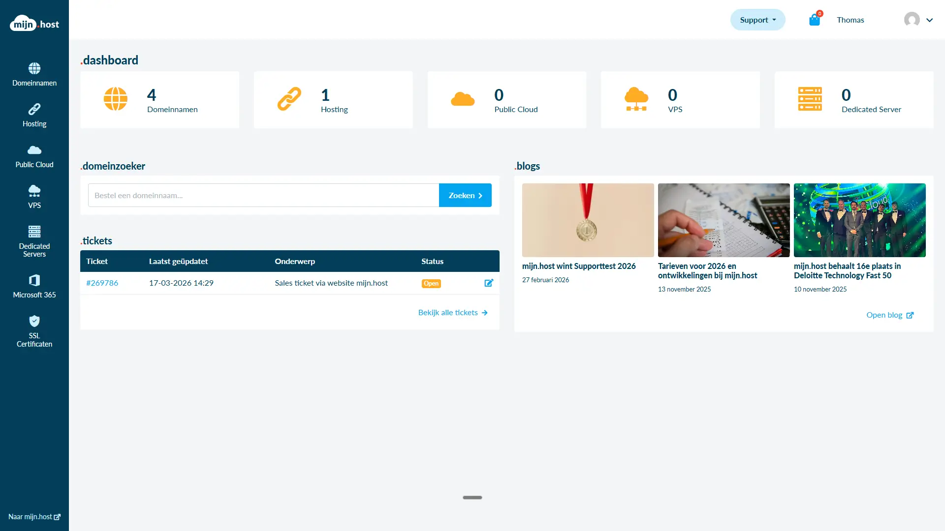 mijn.host klantdashboard met zichtbare blogberichten over Supporttest 2026 en Deloitte Technology Fast 50
