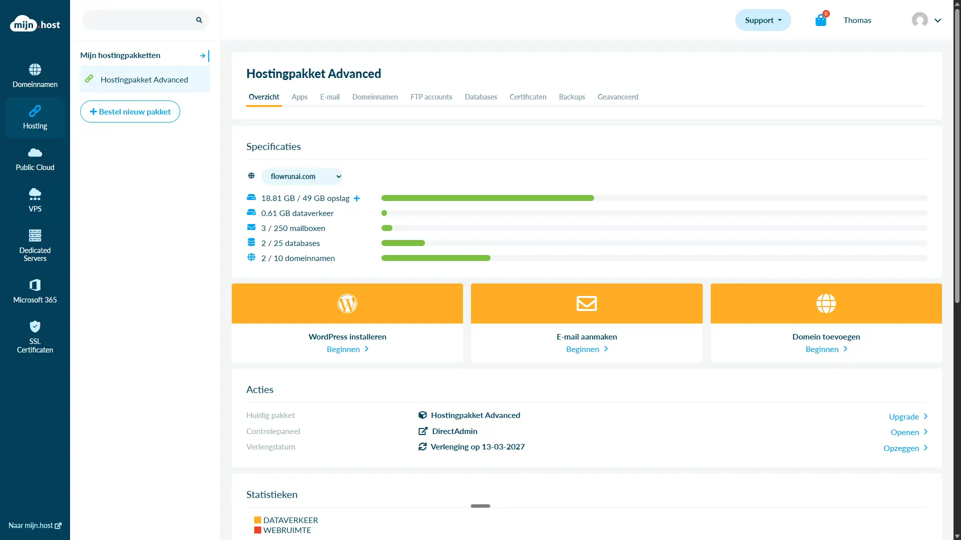 mijn.host control panel met Hosting Advanced pakket, 18,81 GB in gebruik en verlengdatum 13 maart 2027