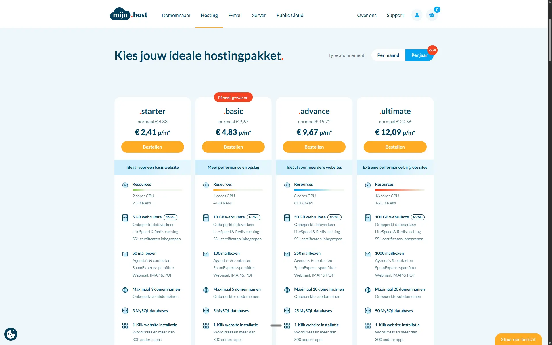 Overzicht van de vier webhostingpakketten van mijn.host met actieprijs bij jaarbetaling