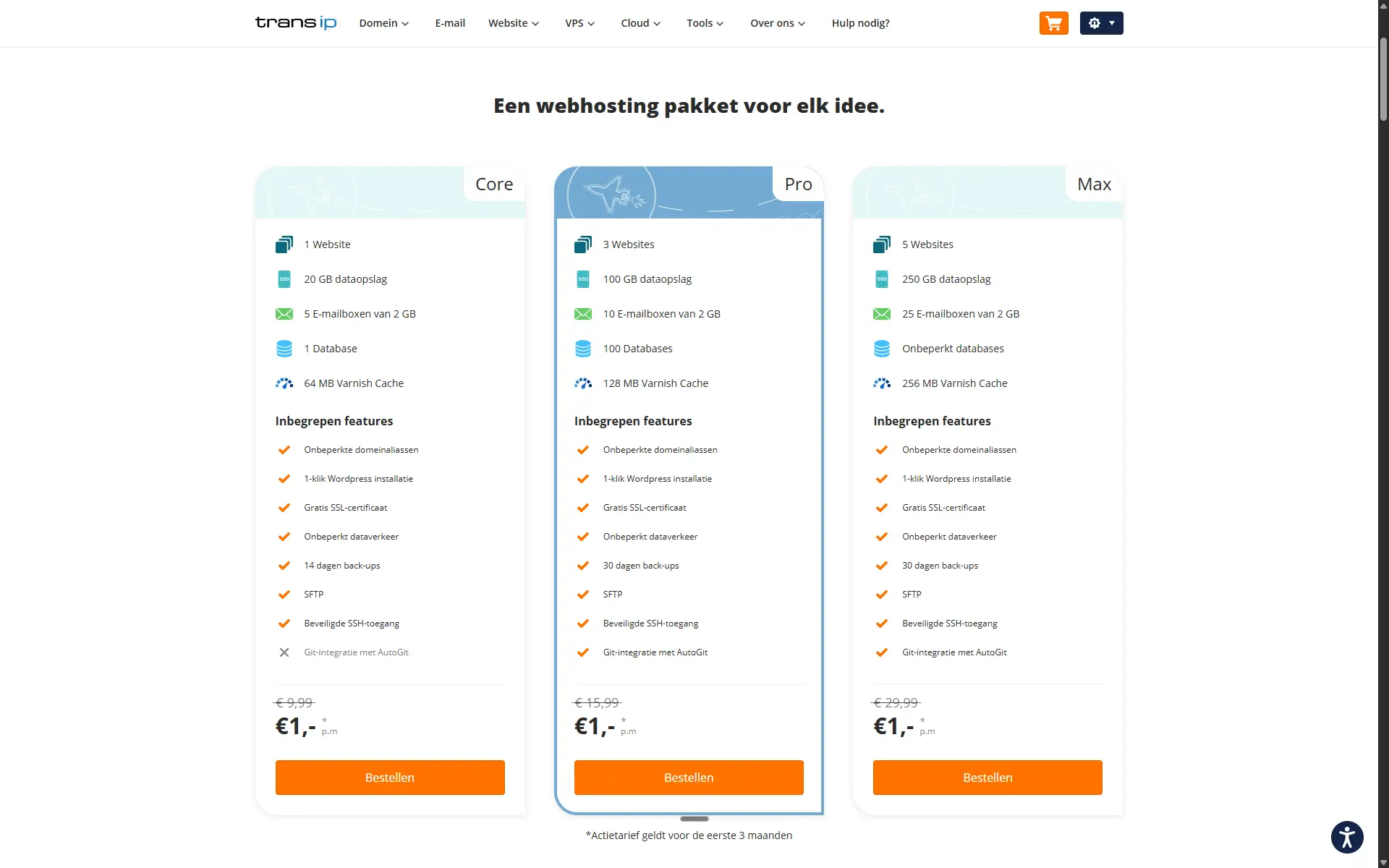 TransIP webhosting pakketpagina met actieprijs van 1 euro per maand voor de eerste drie maanden