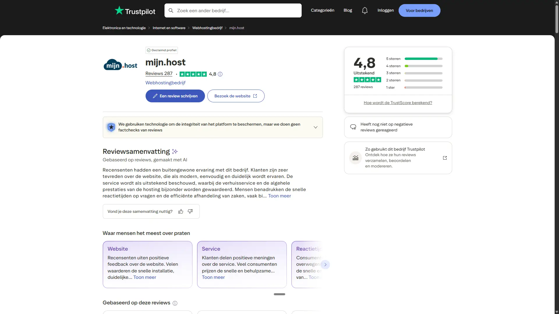 mijn.host Trustpilot pagina met score 4,8 op 5 op basis van 287 reviews
