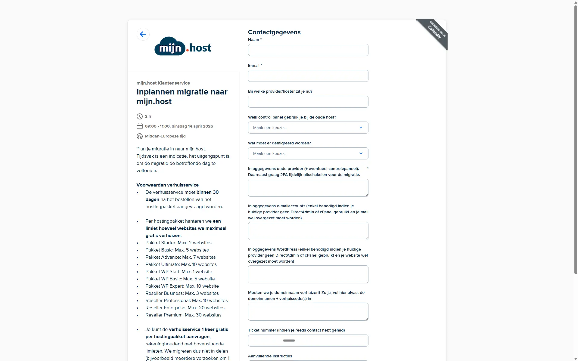 Gratis verhuisservice van mijn.host inplannen via Calendly met tijdslot van twee uur