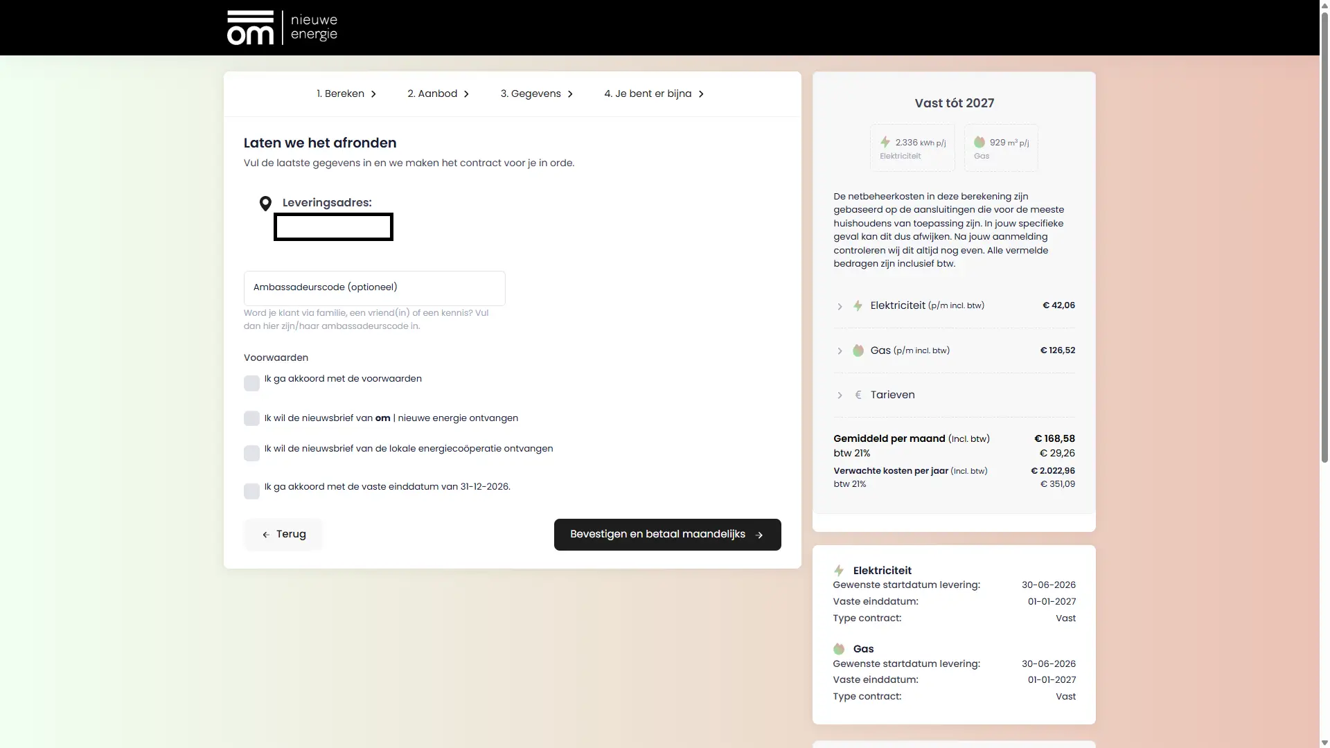 Laatste stap aanmeldflow OM met contractoverzicht, startdatum levering en vaste einddatum zichtbaar voor bevestiging