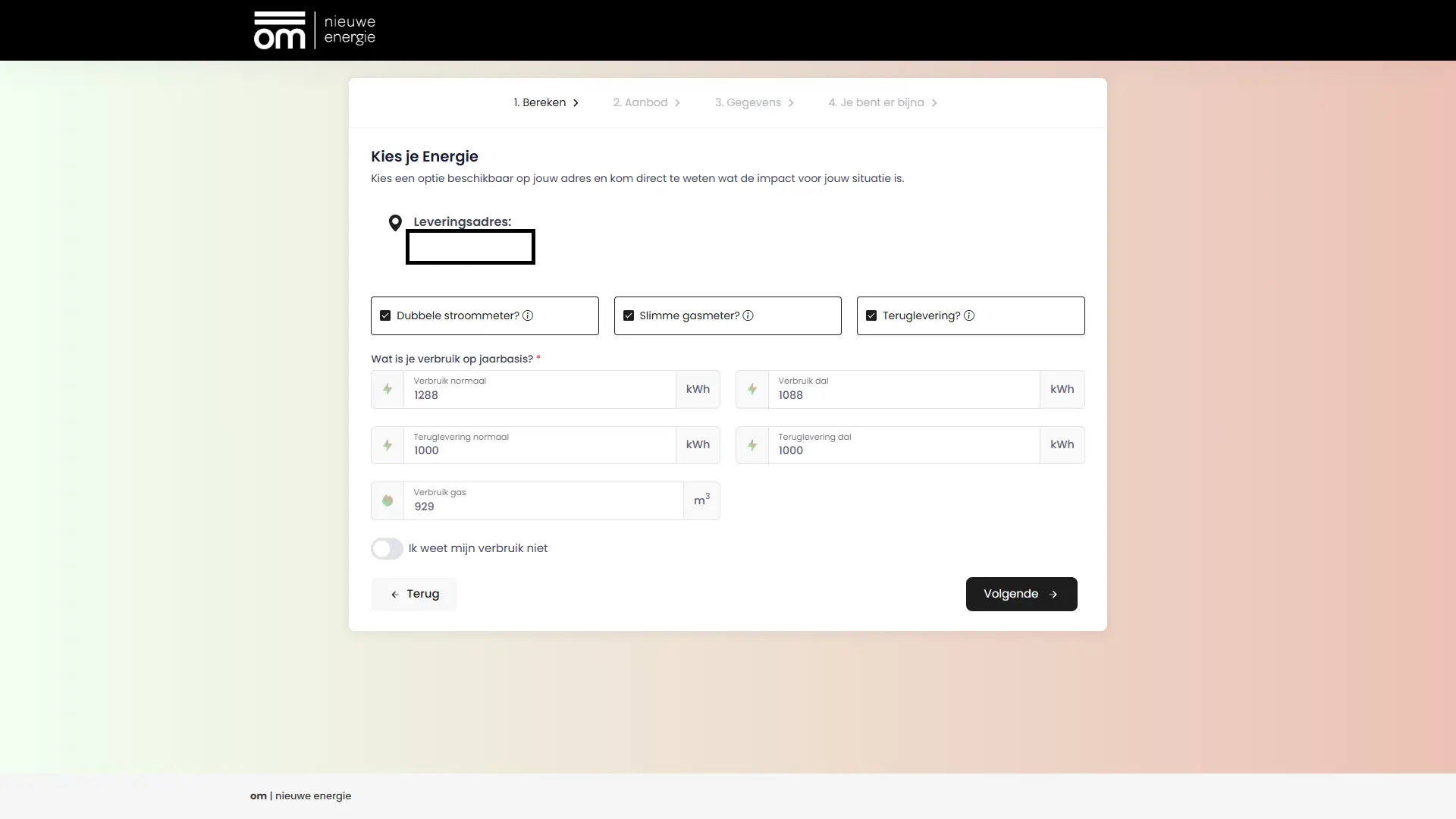 Rekentool samenom.nl met verbruik en teruglevering ingevuld voor staffelberekening