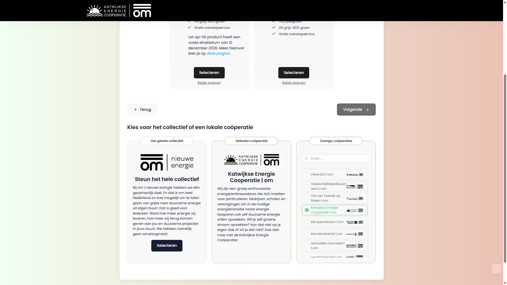 Aanmeldflow OM met keuze uit het gehele collectief, dichtstbijzijnde coöperatie en een zoeklijst van overige coöperaties