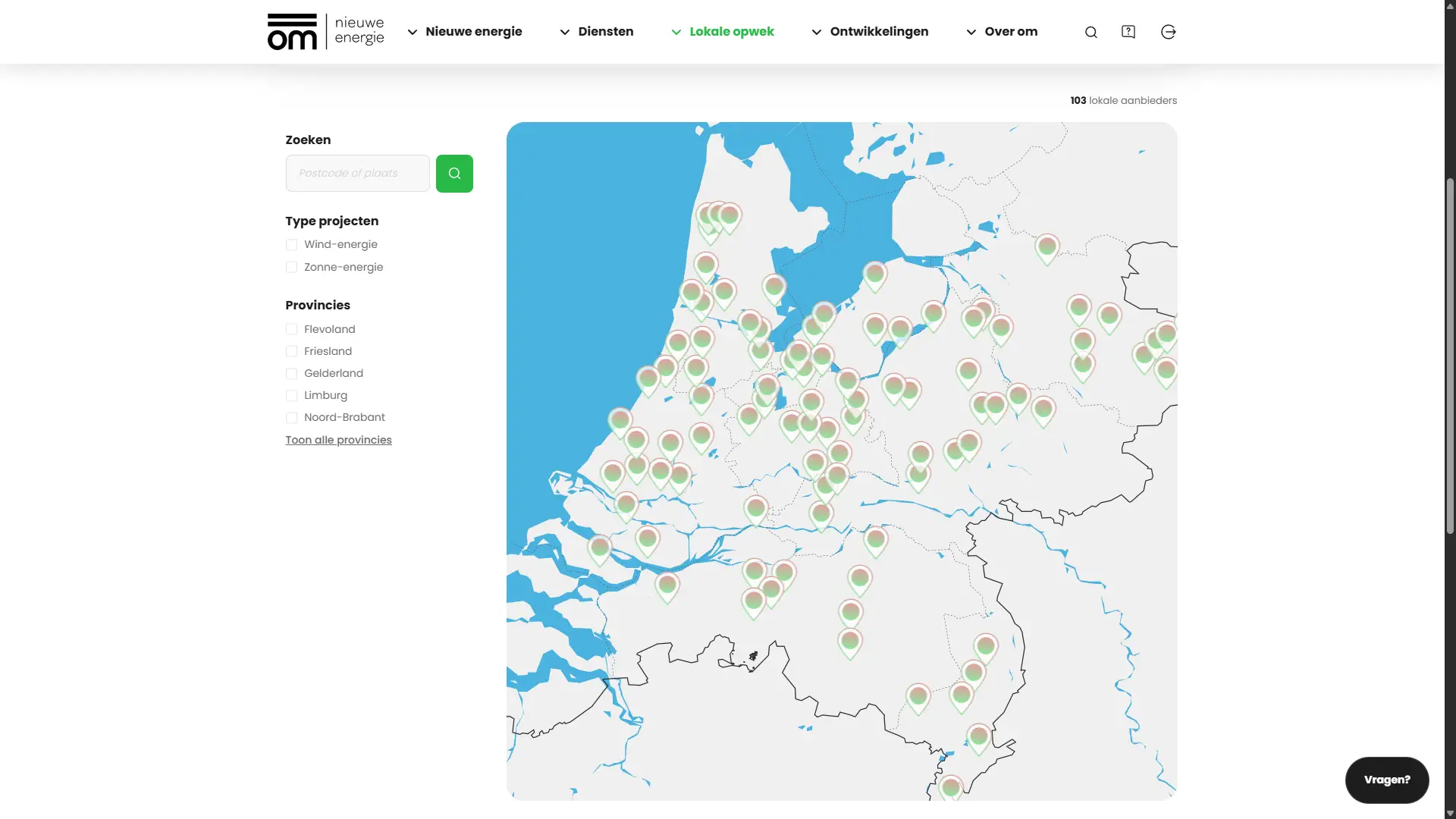 Kaart van Nederland met 103 aangesloten lokale energiecooperaties van OM Nieuwe Energie verspreid over het land