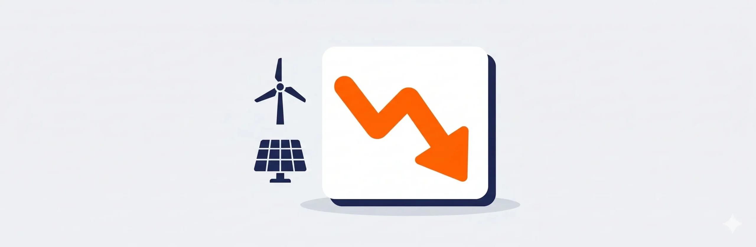 Minimalistische afbeelding met een dalende oranje pijl, een windturbine en een zonnepaneel, gerelateerd aan om nieuwe energie review.