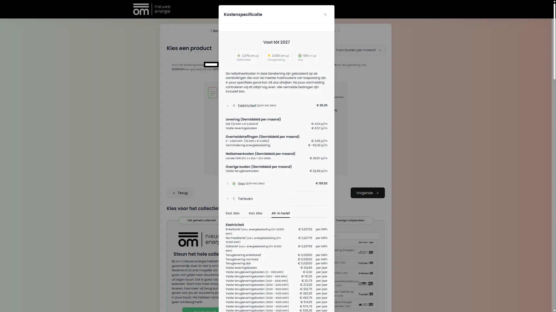 Kostenspecificatie Vast tot 2027 met vaste terugleverkosten van 22,69 per maand als kale post zonder toelichting