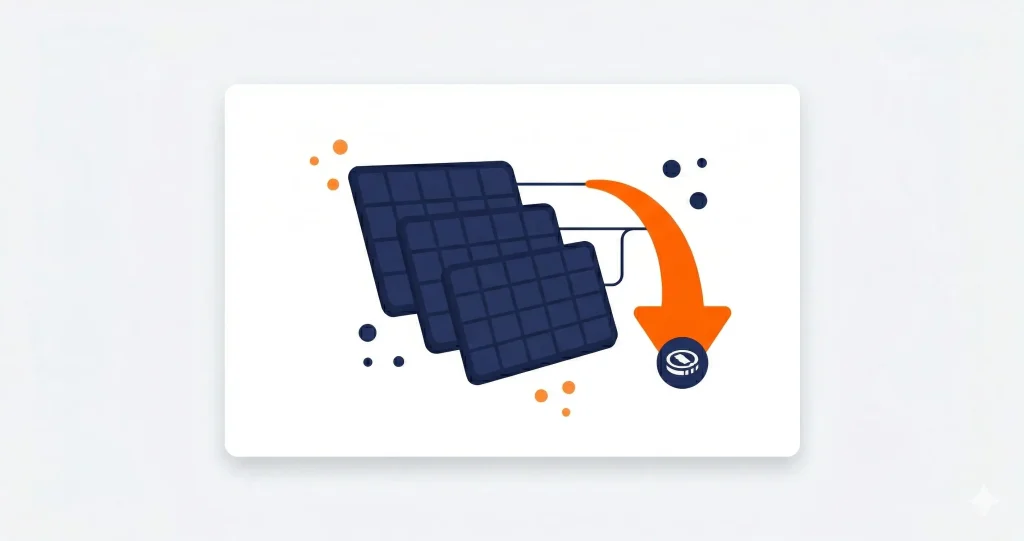 Illustratie van zonnepanelen met een oranje dalende pijl, verwijzend naar veranderingen in de salderingsregeling in 2027.