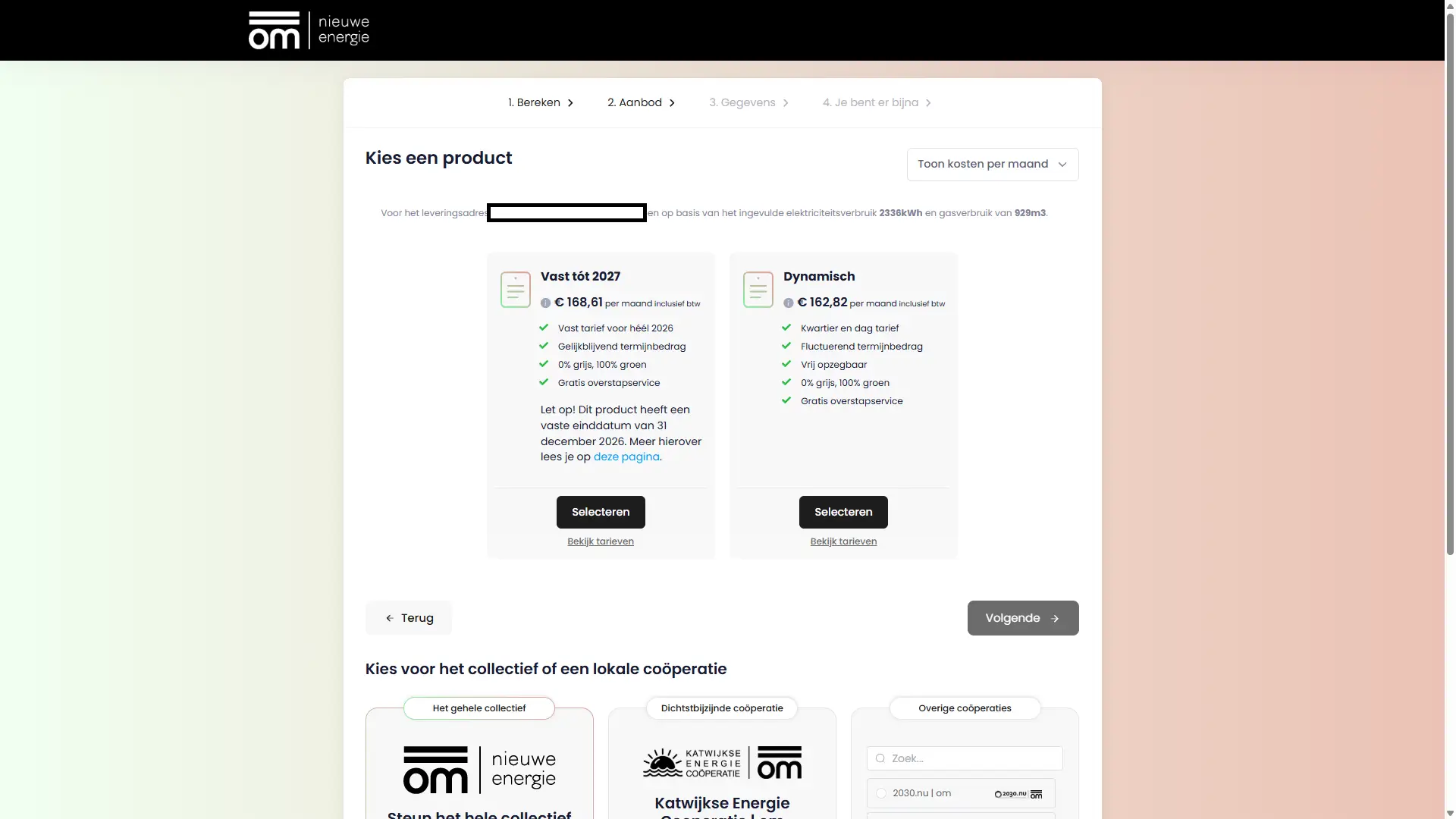Aanmeldflow samenom.nl met Vast tot 2027 op 168,61 per maand en Dynamisch op 162,82 per maand, voor 2336 kWh en 929 m3