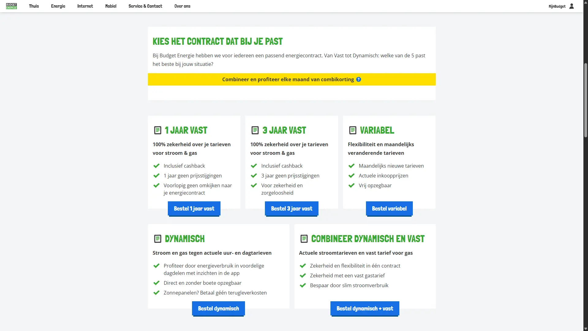 Budget Energie website met vijf contractvormen: 1 jaar vast, 3 jaar vast, variabel, dynamisch en combinatie dynamisch en vast