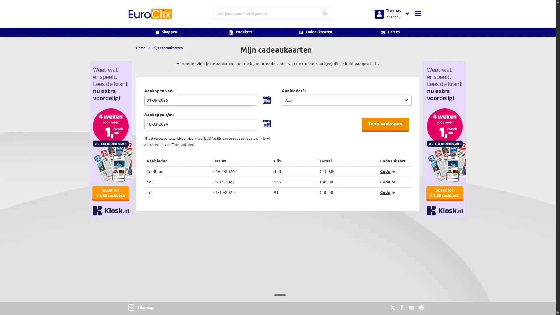 Overzicht van drie cadeaukaart-aankopen in het EuroClix dashboard