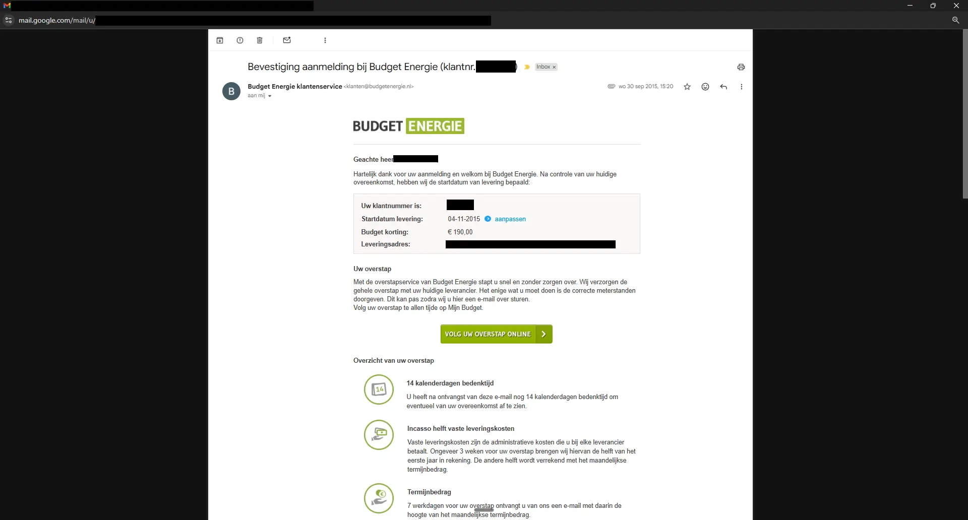 Welkomstmail Budget Energie uit 2015 startdatum levering 4 november 2015 en Budget Korting van 190 euro