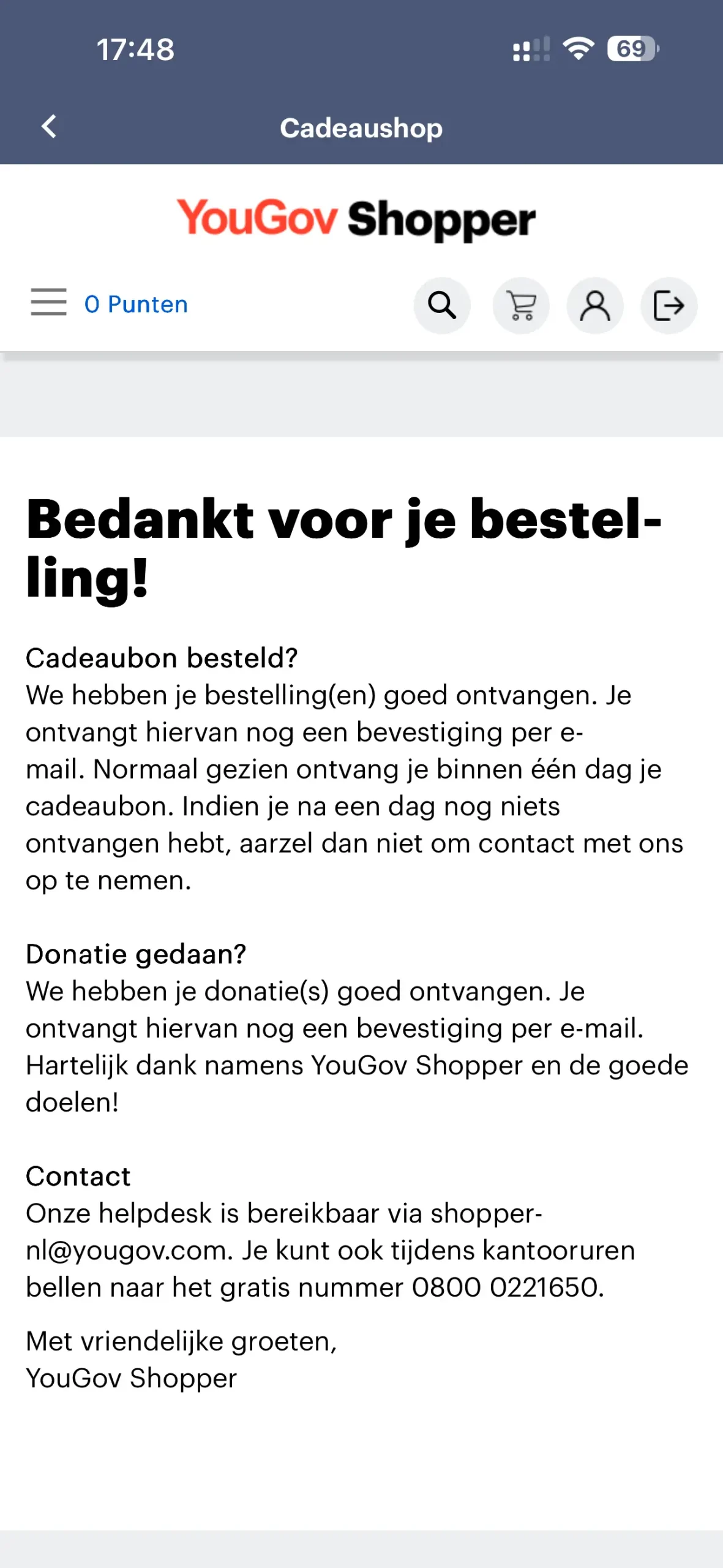 YouGov Shopper bestelbevestiging cadeaushop na inwisselen punten