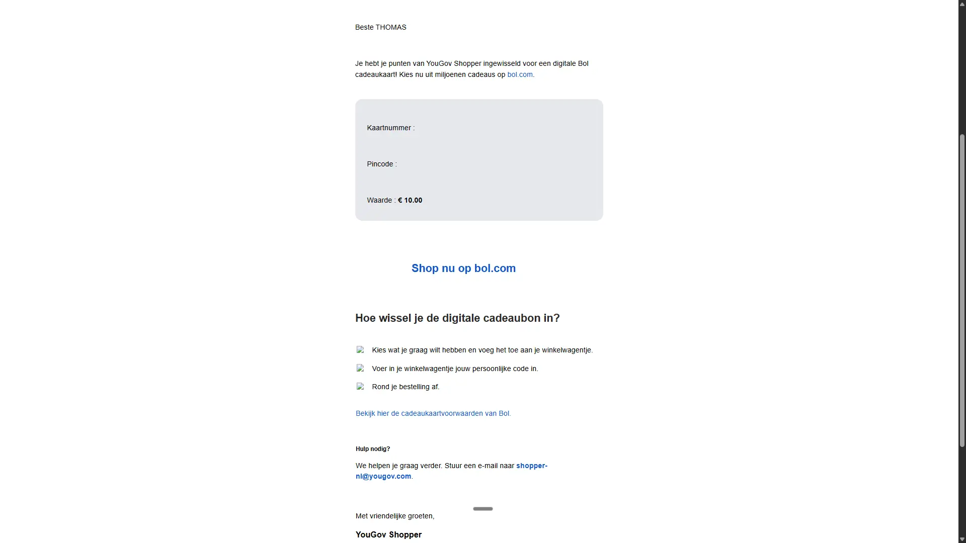 YouGov Shopper ontvangen Bol cadeaukaart e-mail met kaartnummer en pincode