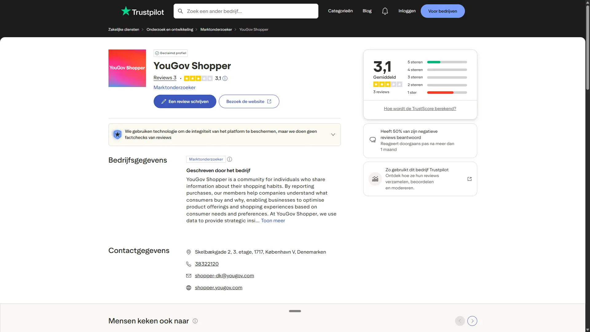 Trustpilot pagina YouGov Shopper met score 3,1 uit 5 op basis van 3 reviews