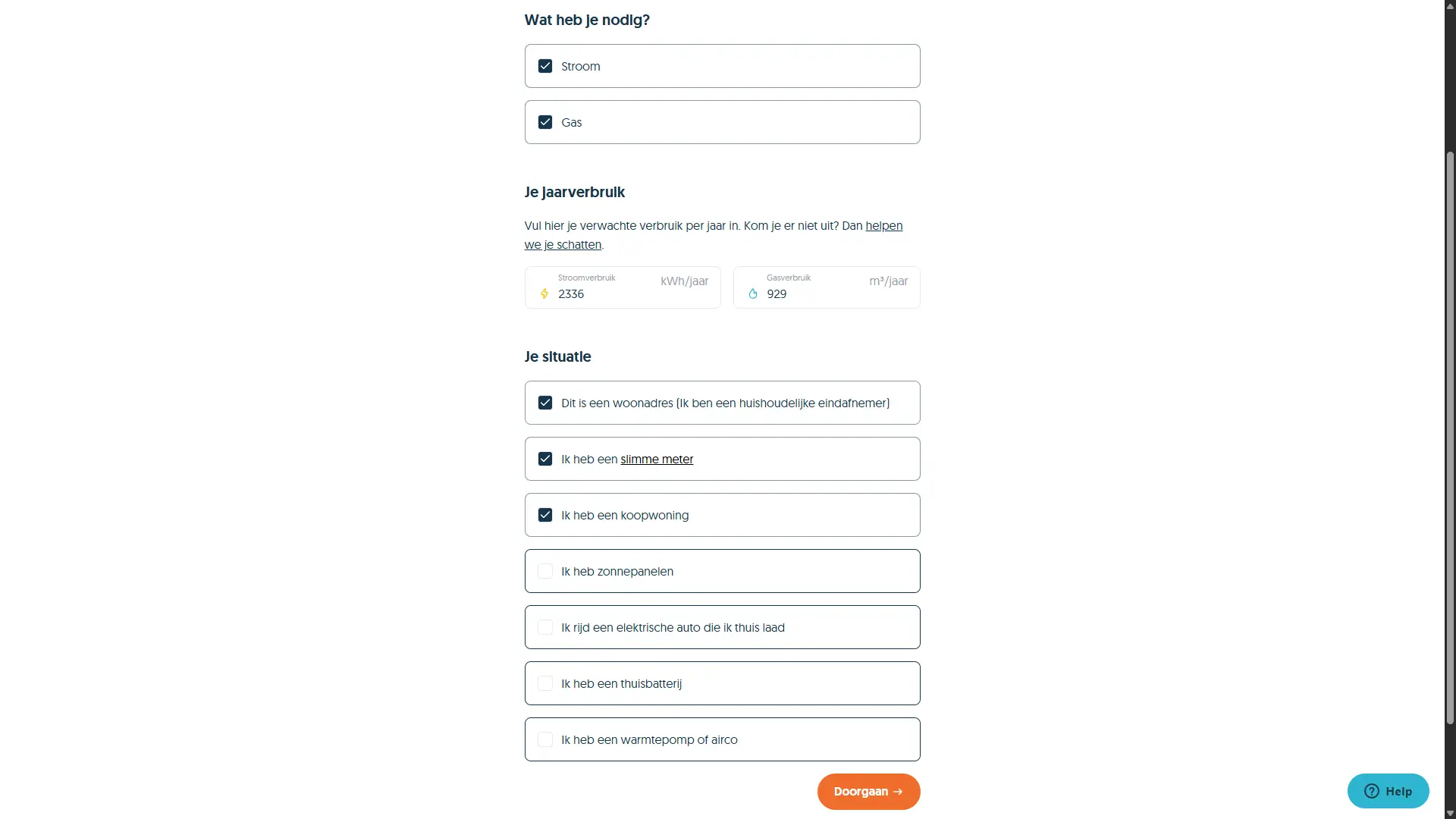 Stap 1 aanmeldflow Frank Energie verbruik invullen en situatie aangeven april 2026