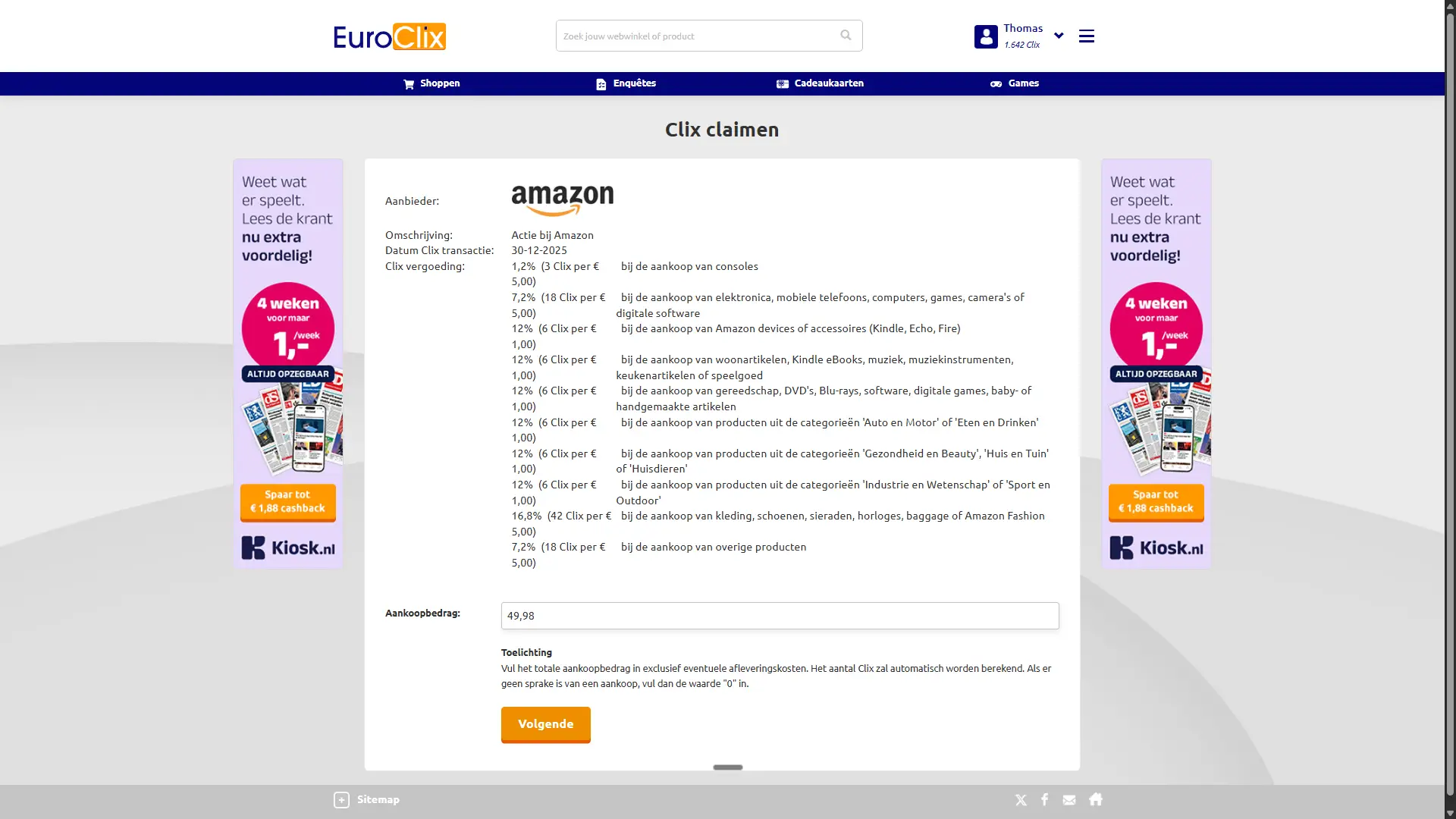 Amazon cashback overzicht in EuroClix met cashbackpercentages per productcategorie