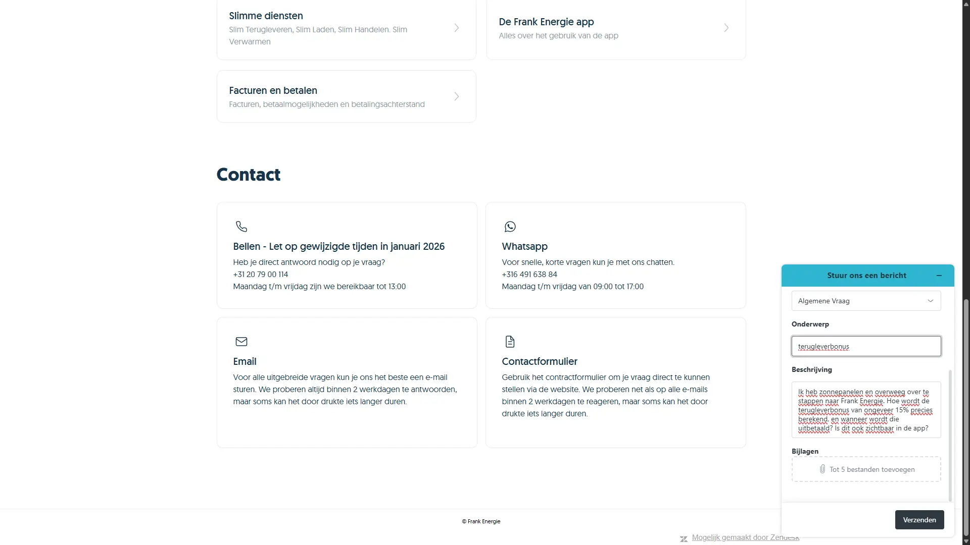 Contactformulier ingediend bij Frank Energie met vraag over terugleverbonus 10 april 2026