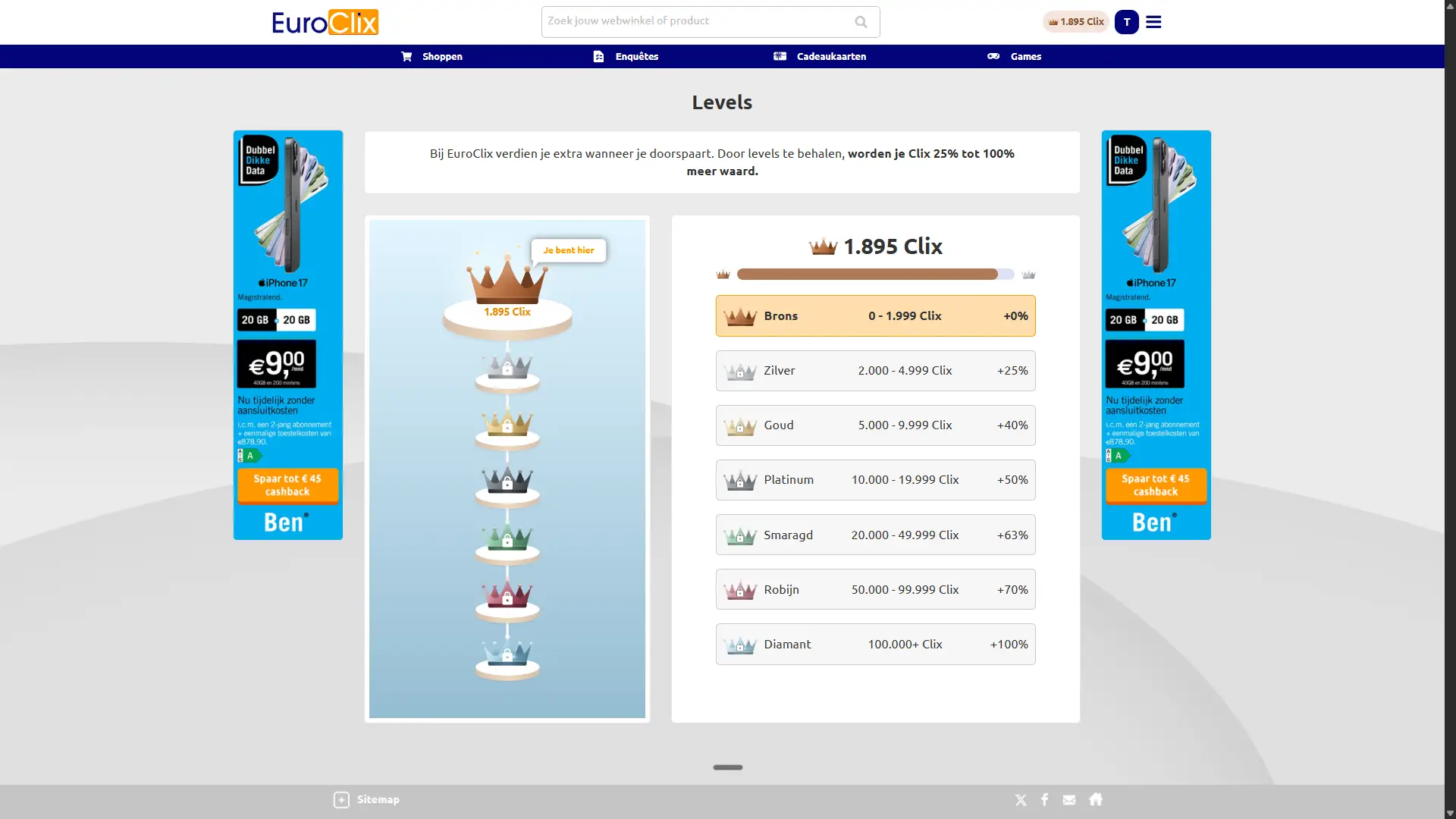 EuroClix Levels overzicht met zeven niveaus van Brons tot Diamant en bonuspercentages van 0 tot 100 procent