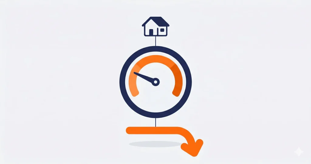 Illustratie van een stroommeter met een pijl en een huis erop, gebruikt voor Frank Energie reviews.