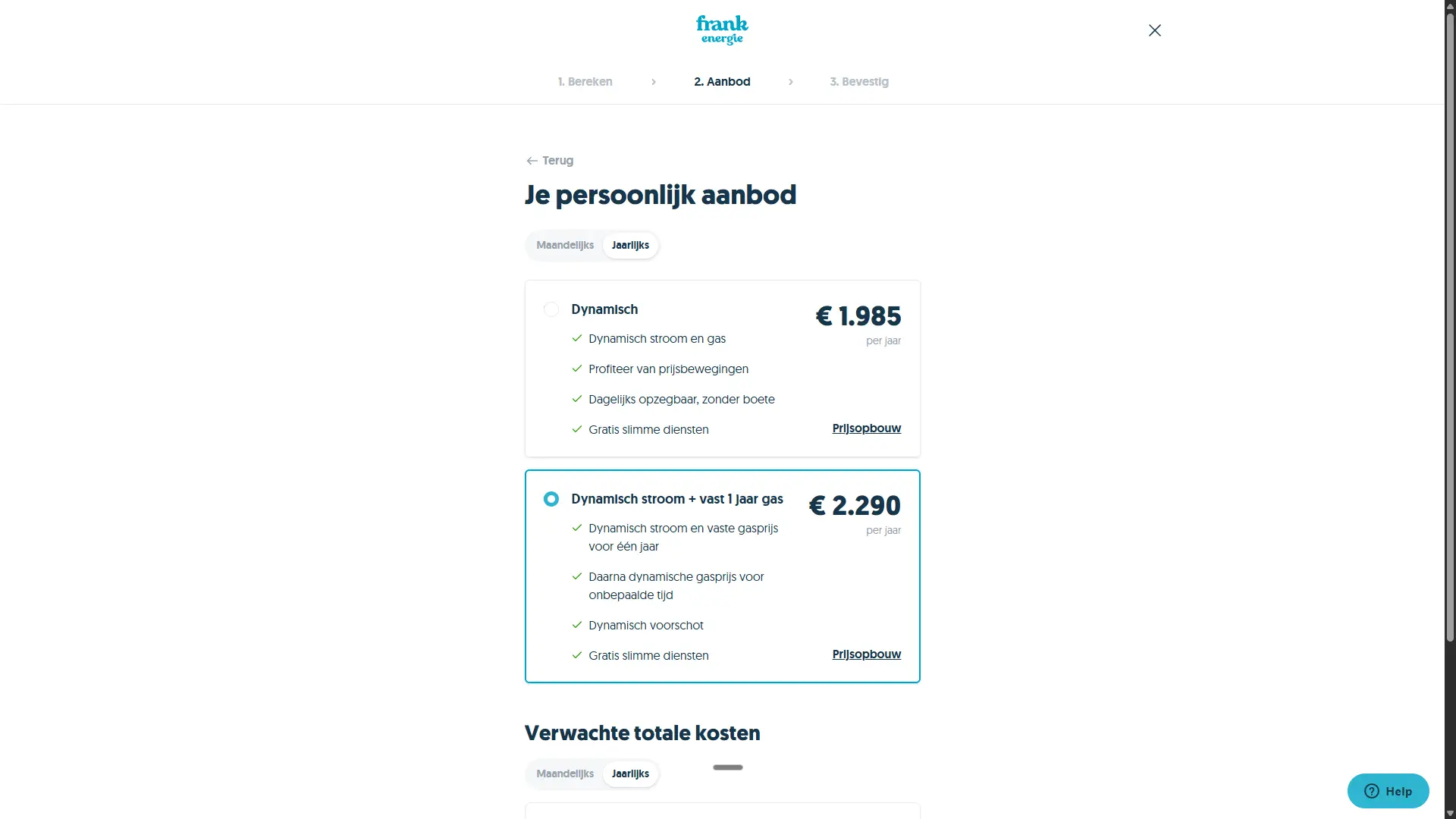 Persoonlijk aanbod Frank Energie op basis van verbruiksprofiel 2.336 kWh stroom en 929 m3 gas