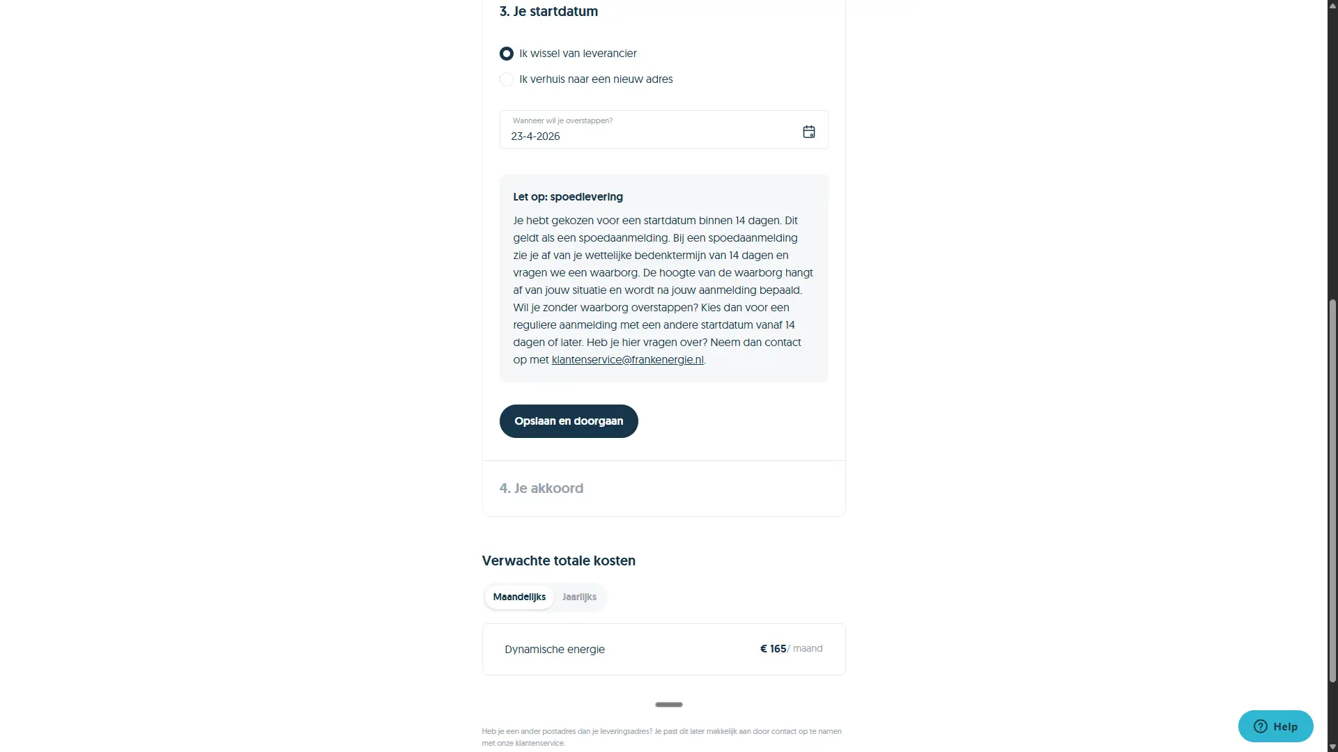 Spoedleveringswaarschuwing aanmeldflow Frank Energie waarborgsom wordt na aanmelding bepaald april 2026